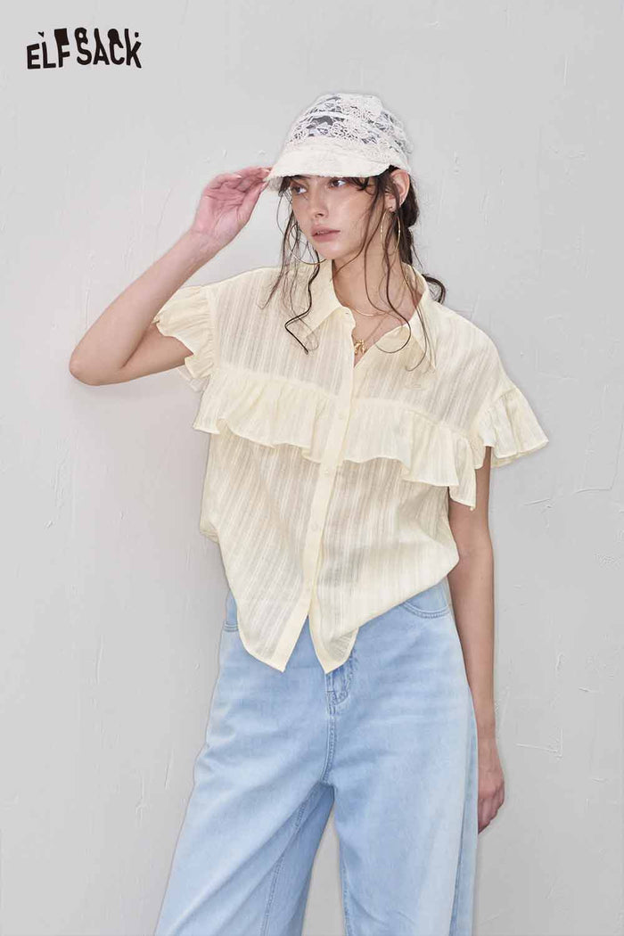 ELFSACK Cute Ruffle Striped Polo Lightweight Loose Blouse
