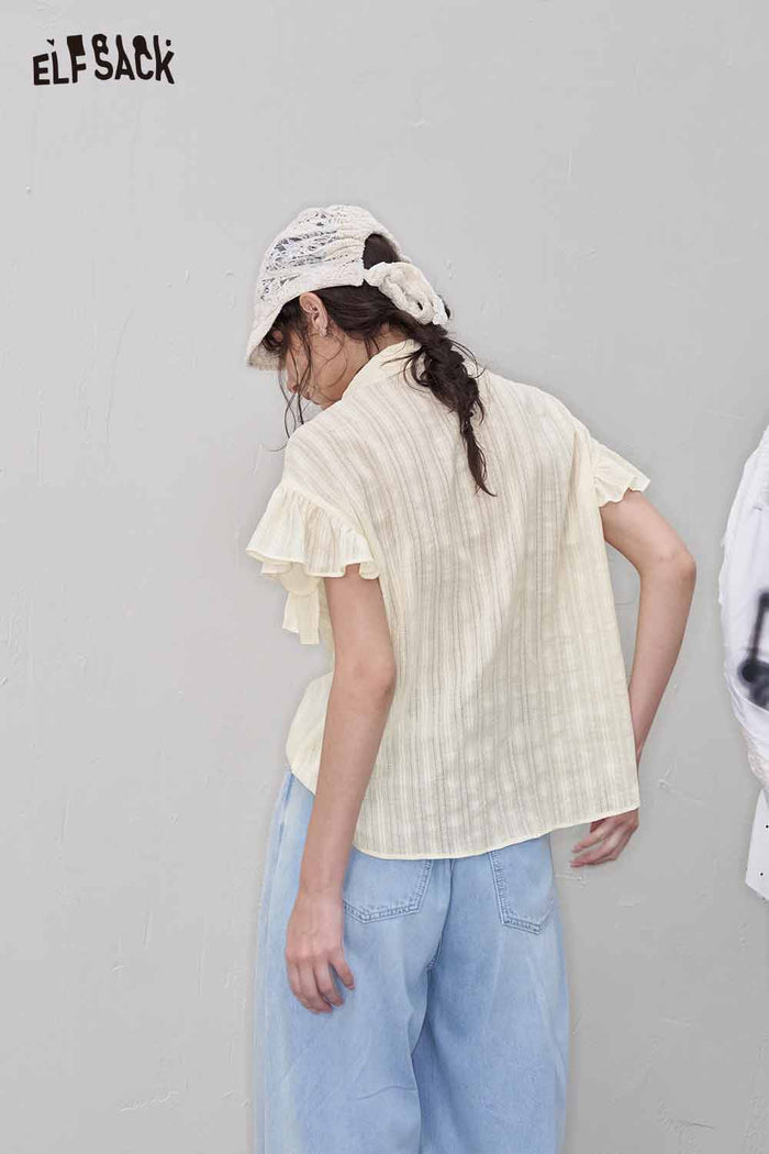ELFSACK Cute Ruffle Striped Polo Lightweight Loose Blouse