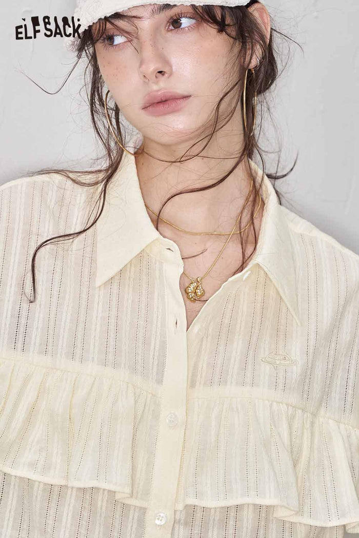ELFSACK Cute Ruffle Striped Polo Lightweight Loose Blouse
