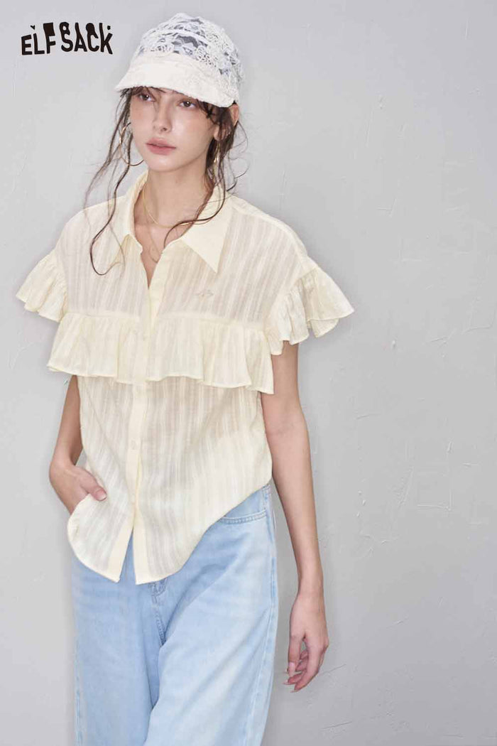 ELFSACK Cute Ruffle Striped Polo Lightweight Loose Blouse