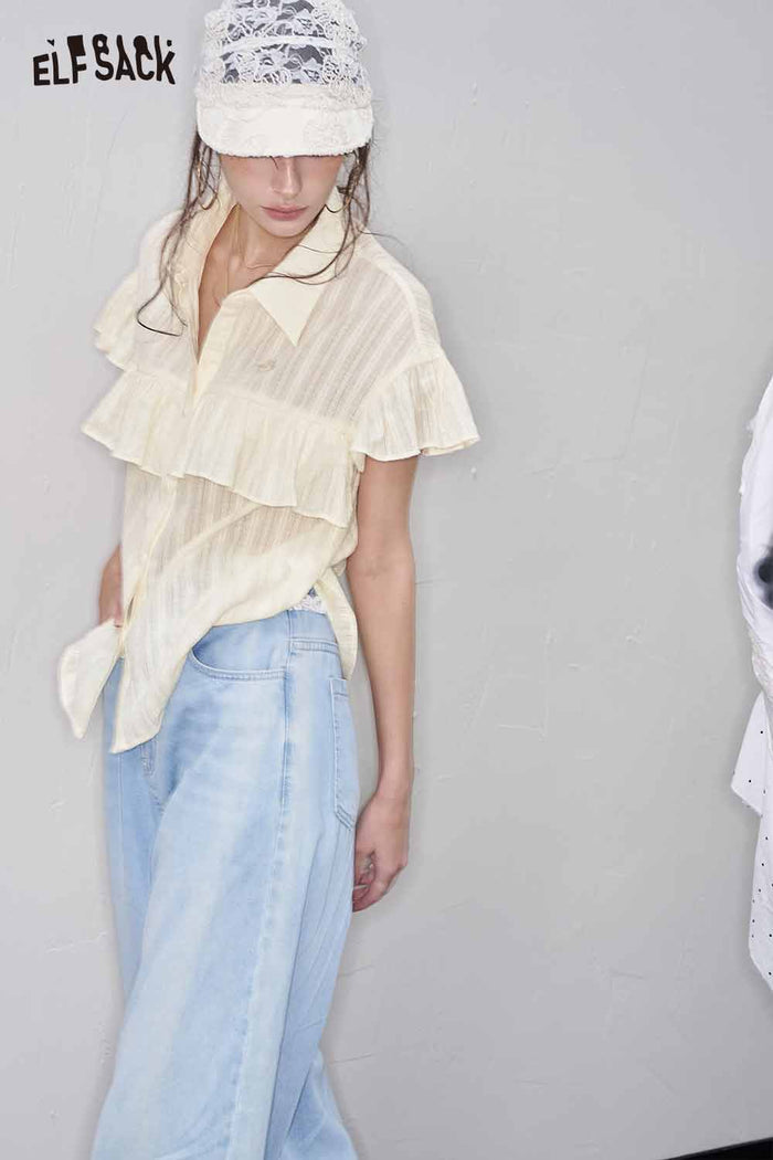 ELFSACK Cute Ruffle Striped Polo Lightweight Loose Blouse