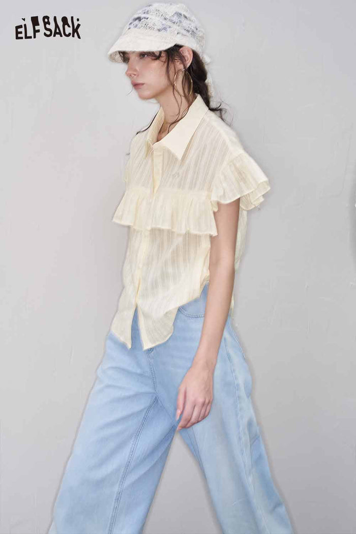 ELFSACK Cute Ruffle Striped Polo Lightweight Loose Blouse