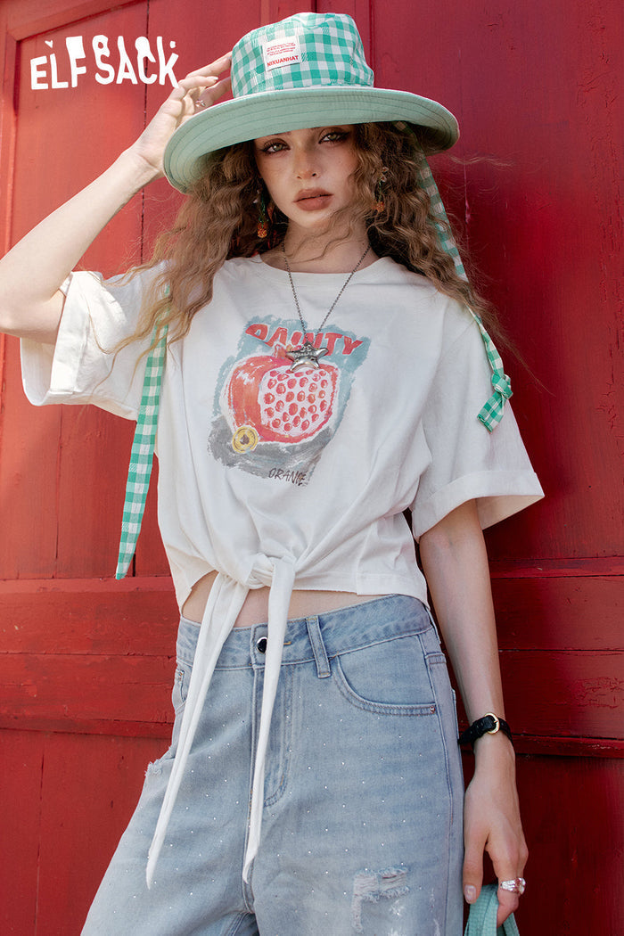 ELFSACK Cute White Fruit Print Lace-Up T-Shirt