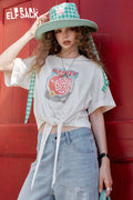 ELFSACK Cute White Fruit Print Lace-Up T-Shirt