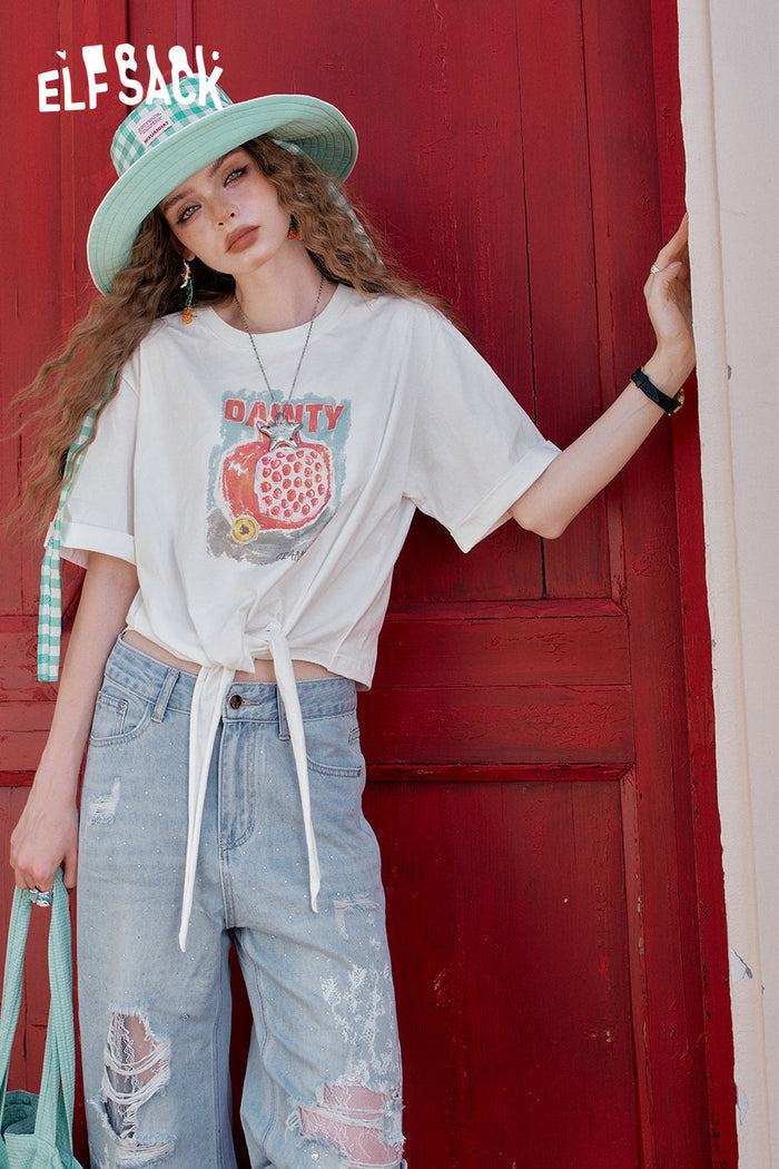 ELFSACK Cute White Fruit Print Lace-Up T-Shirt