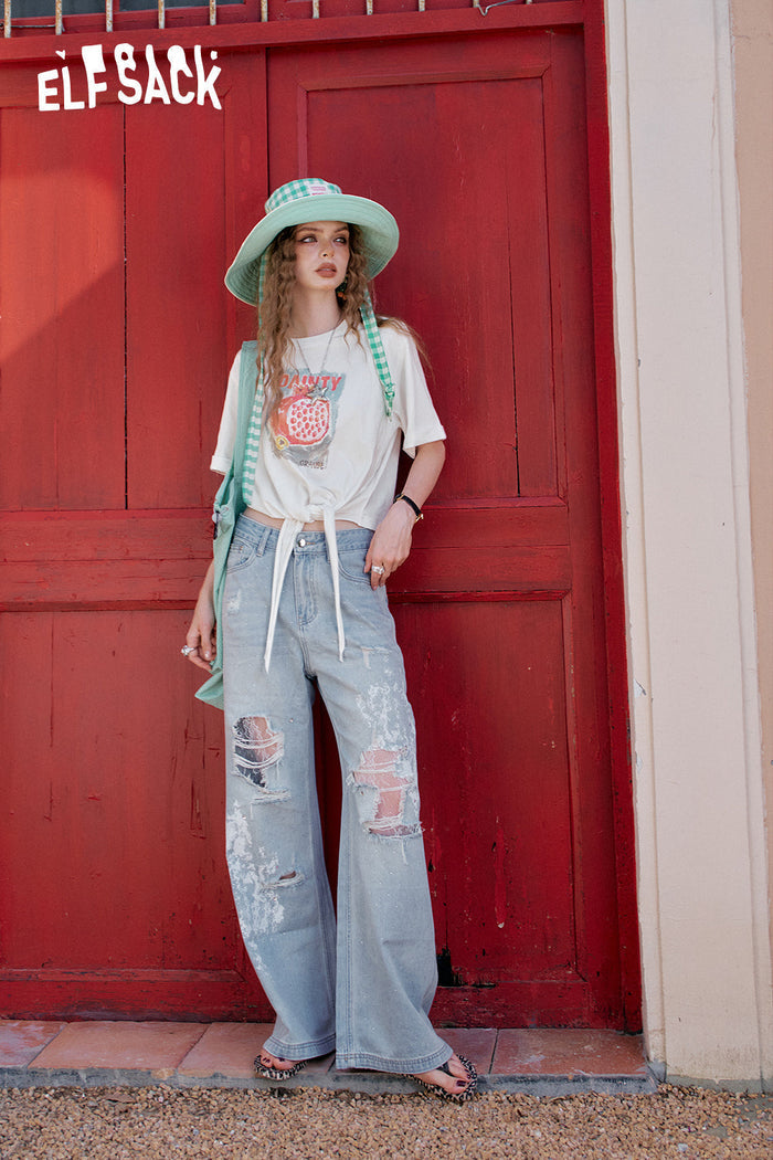 ELFSACK Cute White Fruit Print Lace-Up T-Shirt