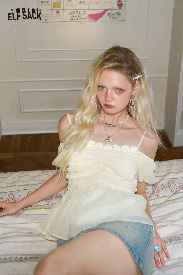 ELFSACK Cute White Off Shoulder Lace Sexy Top