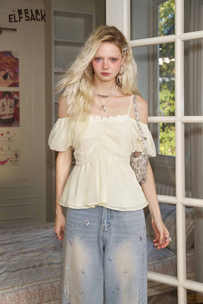 ELFSACK Cute White Off Shoulder Lace Sexy Top