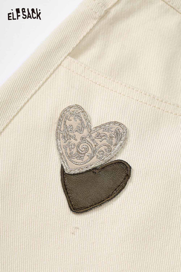 ELFSACK Delicate Heart Embroidery Detail Relaxed Fit White Wide Leg Jeans