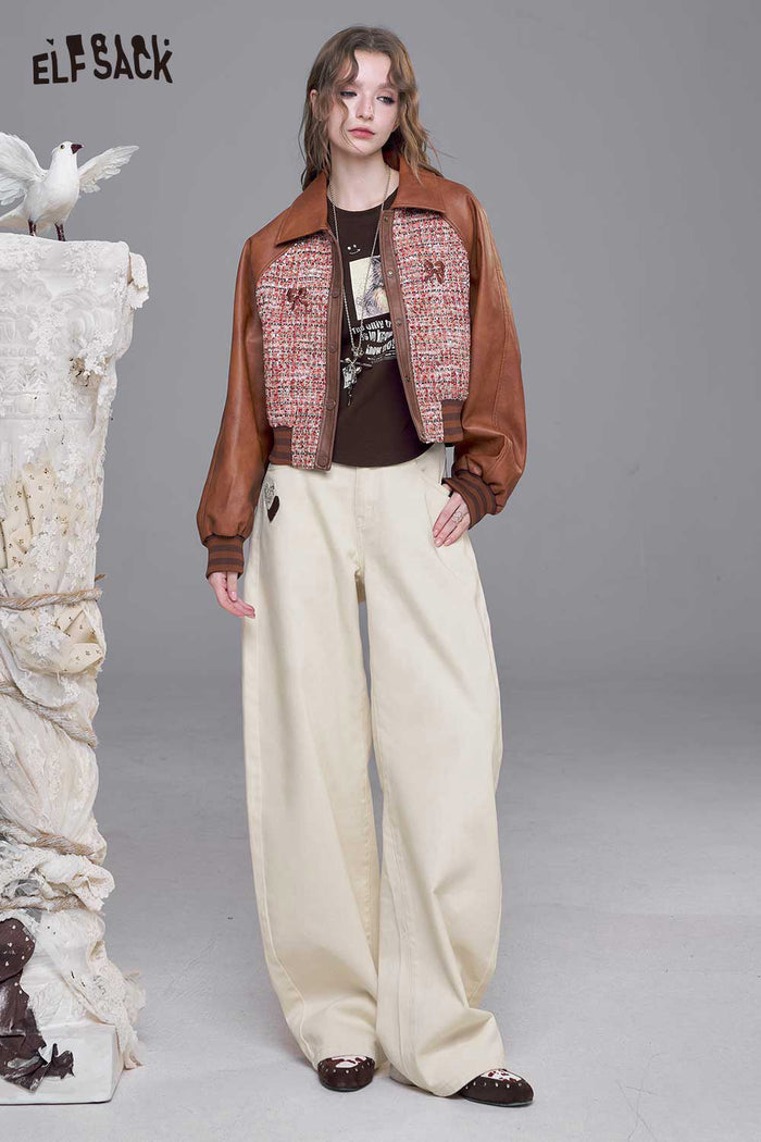 ELFSACK Delicate Heart Embroidery Detail Relaxed Fit White Wide Leg Jeans