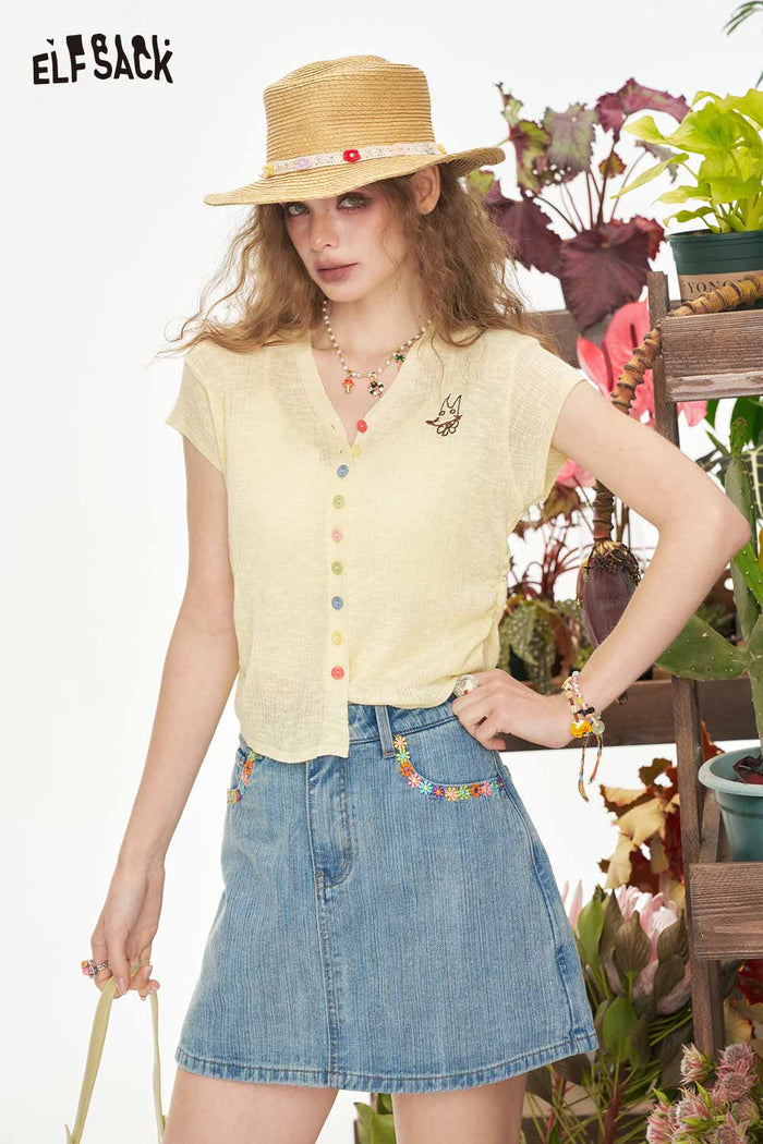 ELFSACK Denim Floral Embroidery Shorts