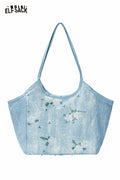 ELFSACK Denim Floral Embroidery Tote Bag