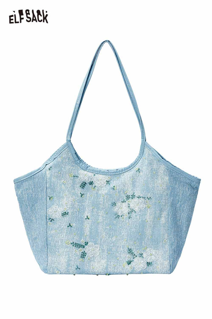 ELFSACK Denim Floral Embroidery Tote Bag