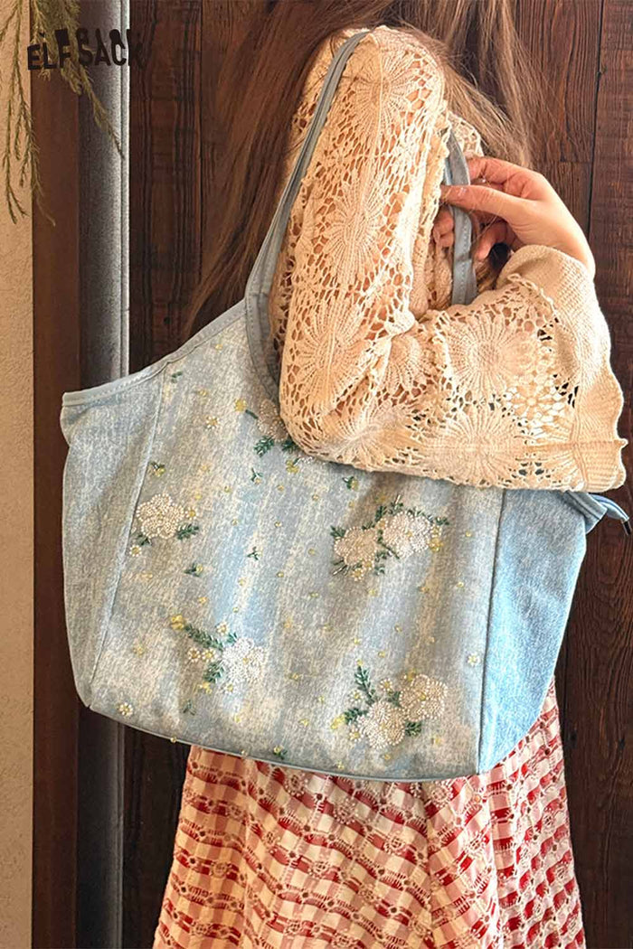 ELFSACK Denim Floral Embroidery Tote Bag