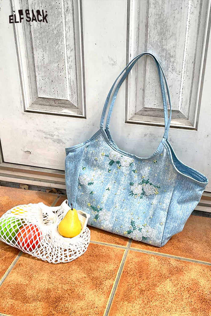 ELFSACK Denim Floral Embroidery Tote Bag