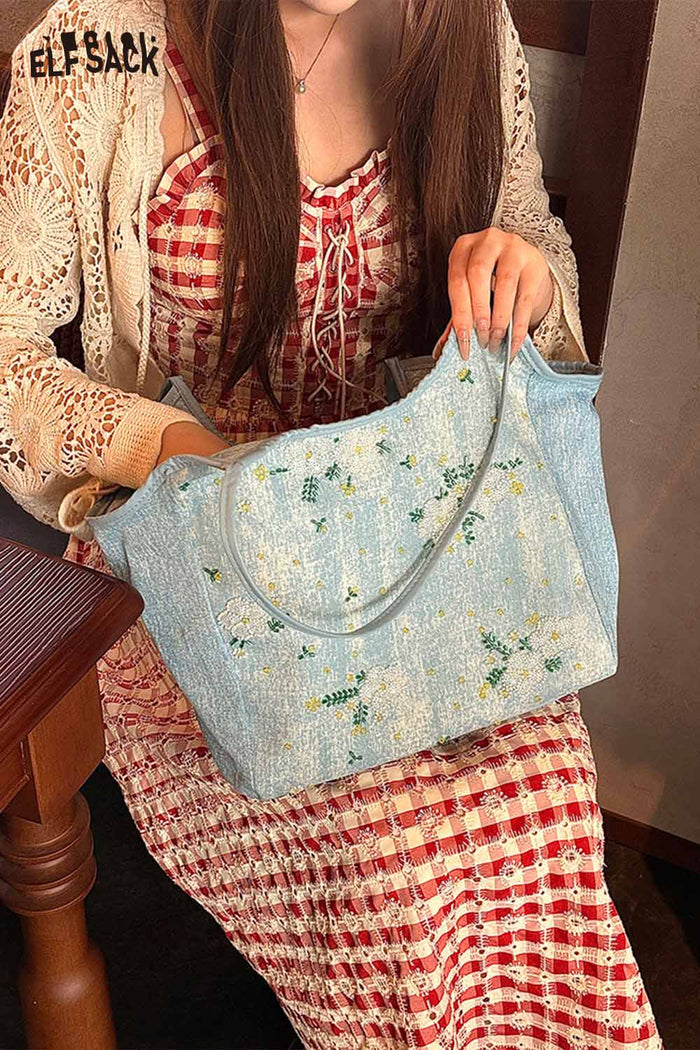 ELFSACK Denim Floral Embroidery Tote Bag