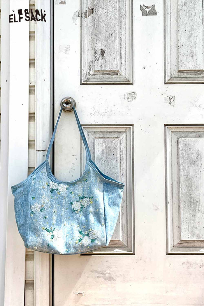 ELFSACK Denim Floral Embroidery Tote Bag