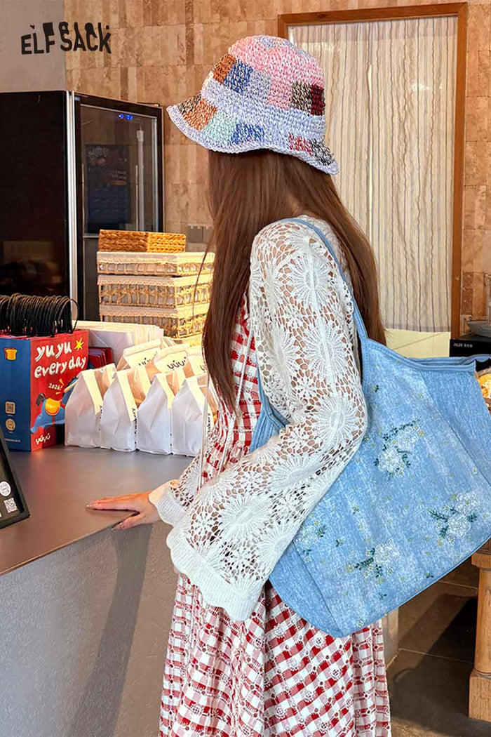 ELFSACK Denim Floral Embroidery Tote Bag