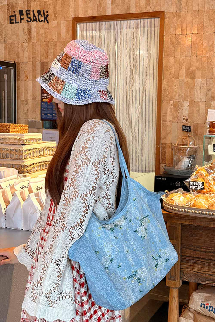 ELFSACK Denim Floral Embroidery Tote Bag