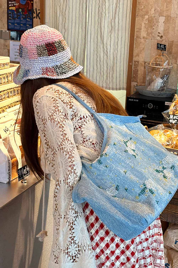 ELFSACK Denim Floral Embroidery Tote Bag