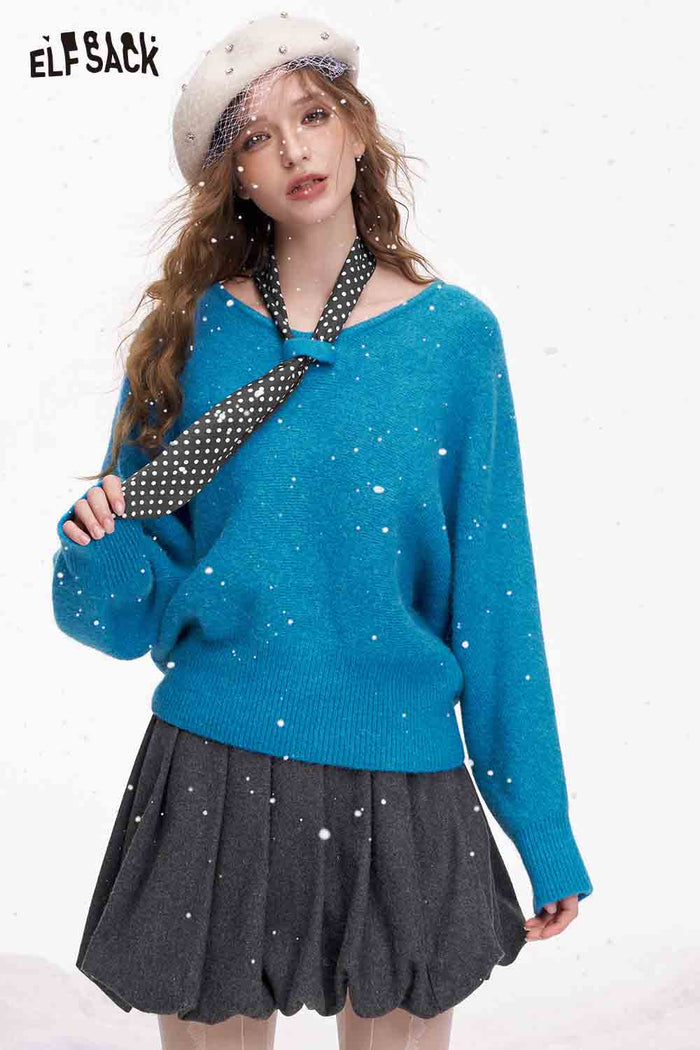ELFSACK Design Loose Bat Sleeve Wide Neckline Polka Dot Tie Sweater