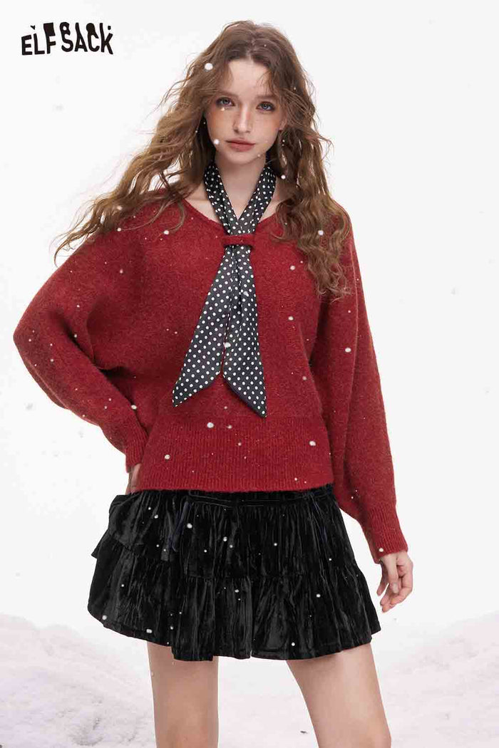 ELFSACK Design Loose Bat Sleeve Wide Neckline Polka Dot Tie Sweater