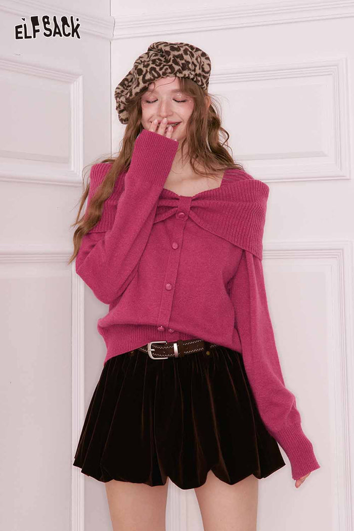 ELFSACK Design Solid Bow Collar Button Fitting Sweater