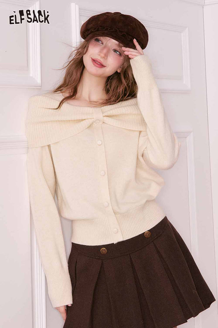 ELFSACK Design Solid Bow Collar Button Fitting Sweater