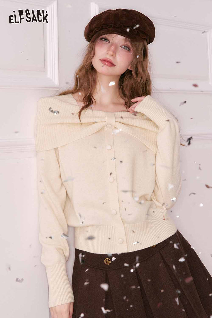 ELFSACK Design Solid Bow Collar Button Fitting Sweater