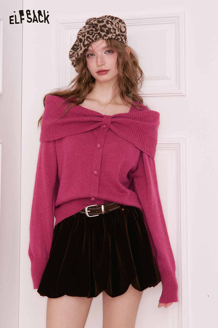 ELFSACK Design Solid Bow Collar Button Fitting Sweater