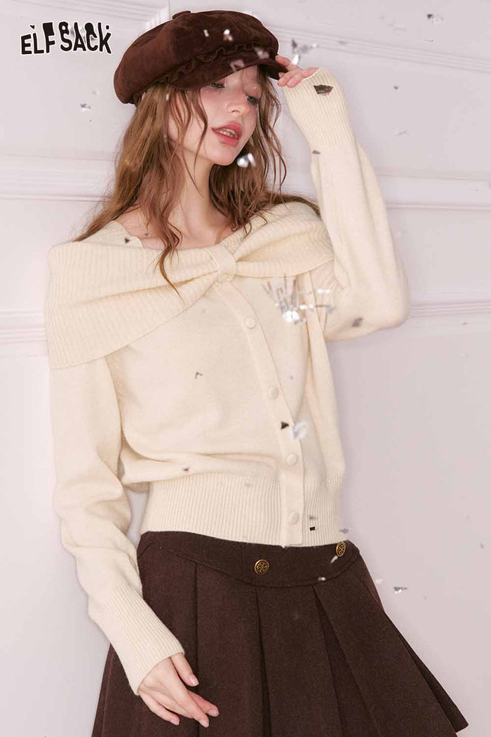 ELFSACK Design Solid Bow Collar Button Fitting Sweater