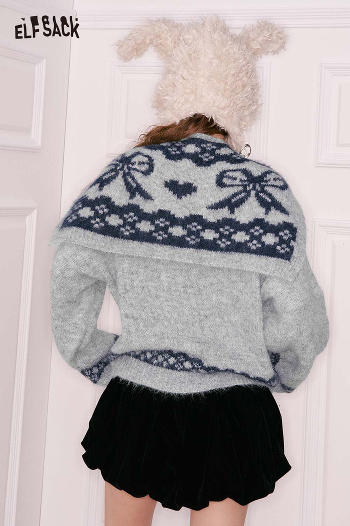 ELFSACK Design Solid Graphic Sailor Collar Bow Sweater