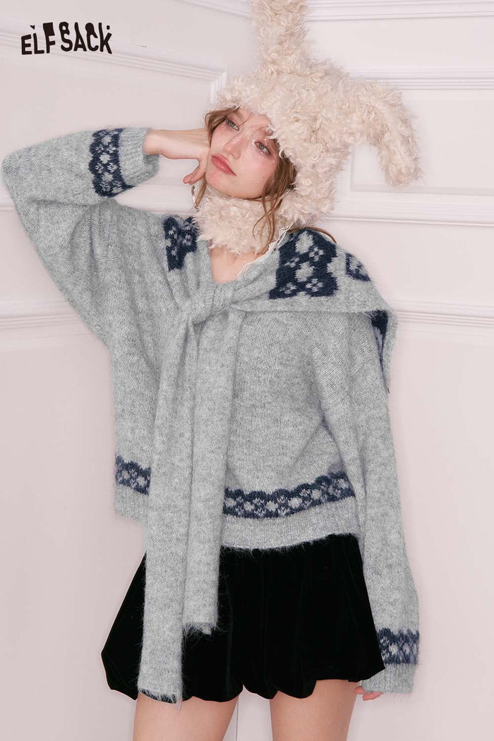 ELFSACK Design Solid Graphic Sailor Collar Bow Sweater