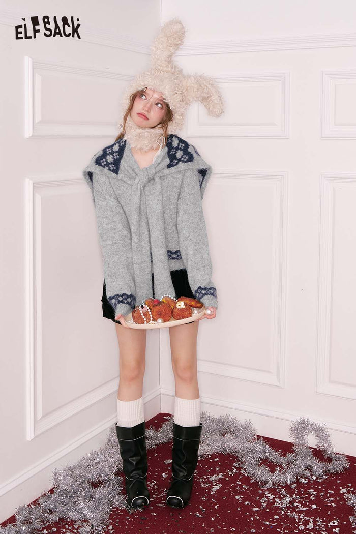 ELFSACK Design Solid Graphic Sailor Collar Bow Sweater