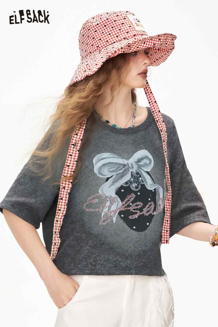 ELFSACK Distressed Loose Graphic Cropped Short Sleeve Tshirt