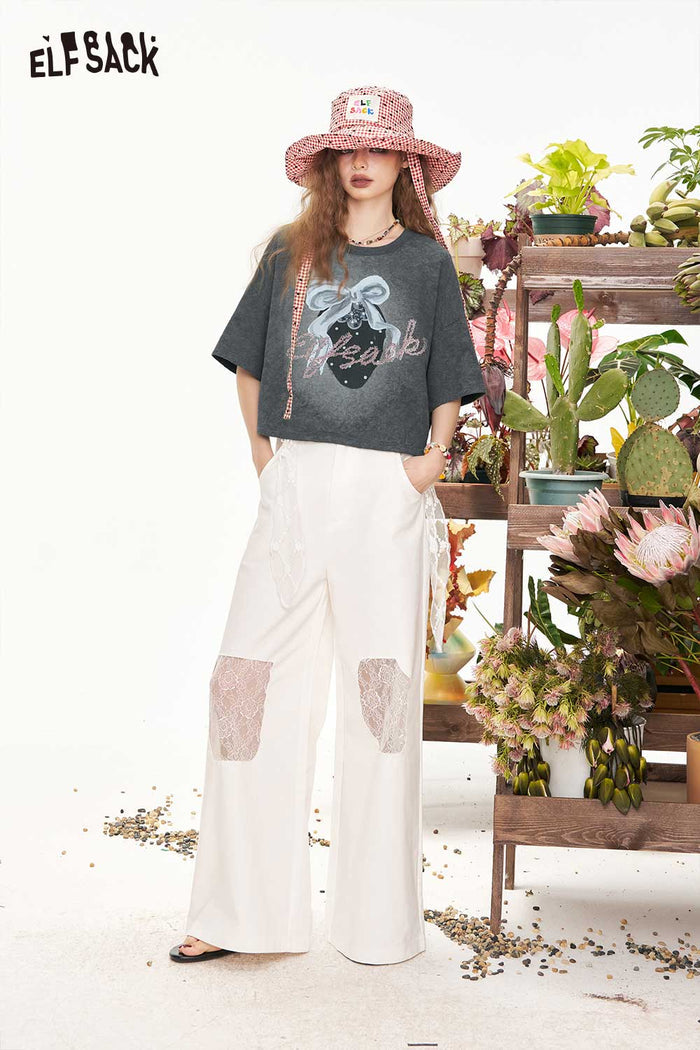ELFSACK Distressed Loose Graphic Cropped Short Sleeve Tshirt
