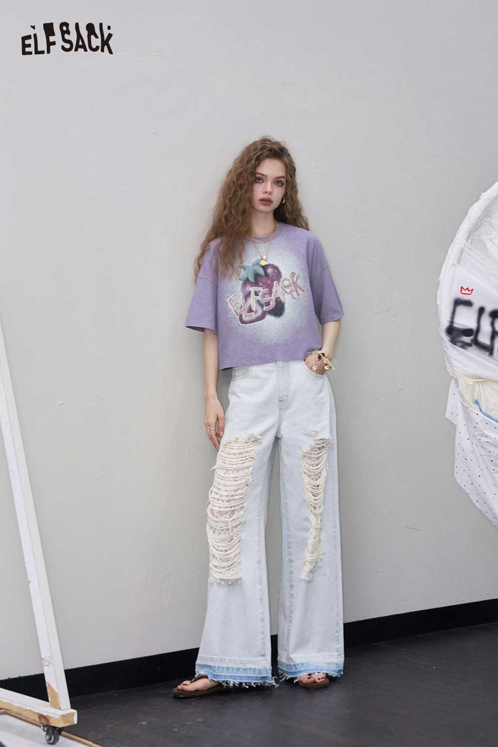 ELFSACK Distressed Loose Graphic Cropped Short Sleeve Tshirt