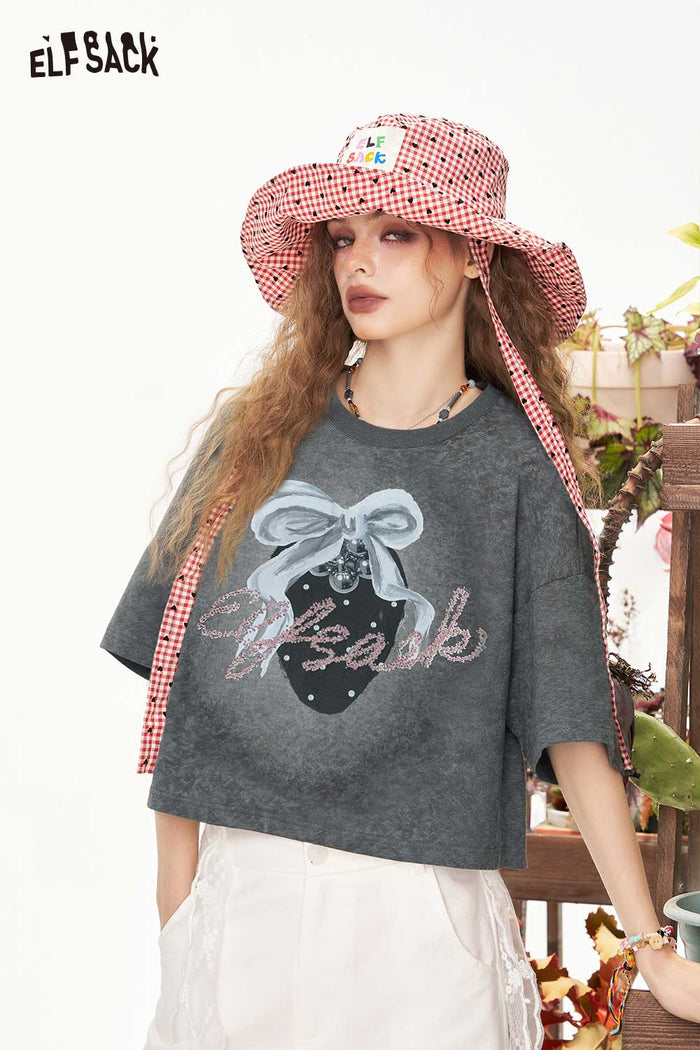 ELFSACK Distressed Loose Graphic Cropped Short Sleeve Tshirt