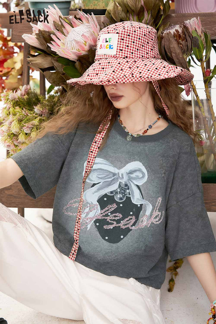 ELFSACK Distressed Loose Graphic Cropped Short Sleeve Tshirt