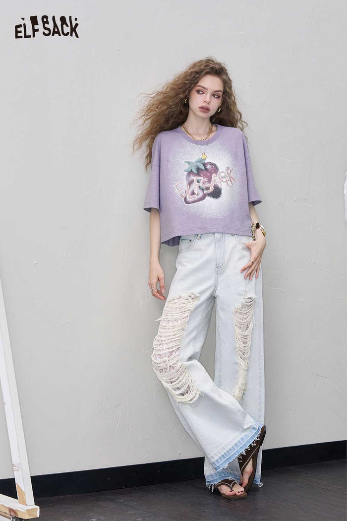 ELFSACK Distressed Loose Graphic Cropped Short Sleeve Tshirt