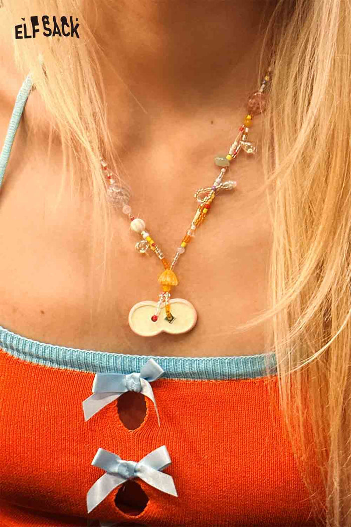 ELFSACK Dopamine Beaded Apple Pendant Fashion Sweet Collarbone Chain