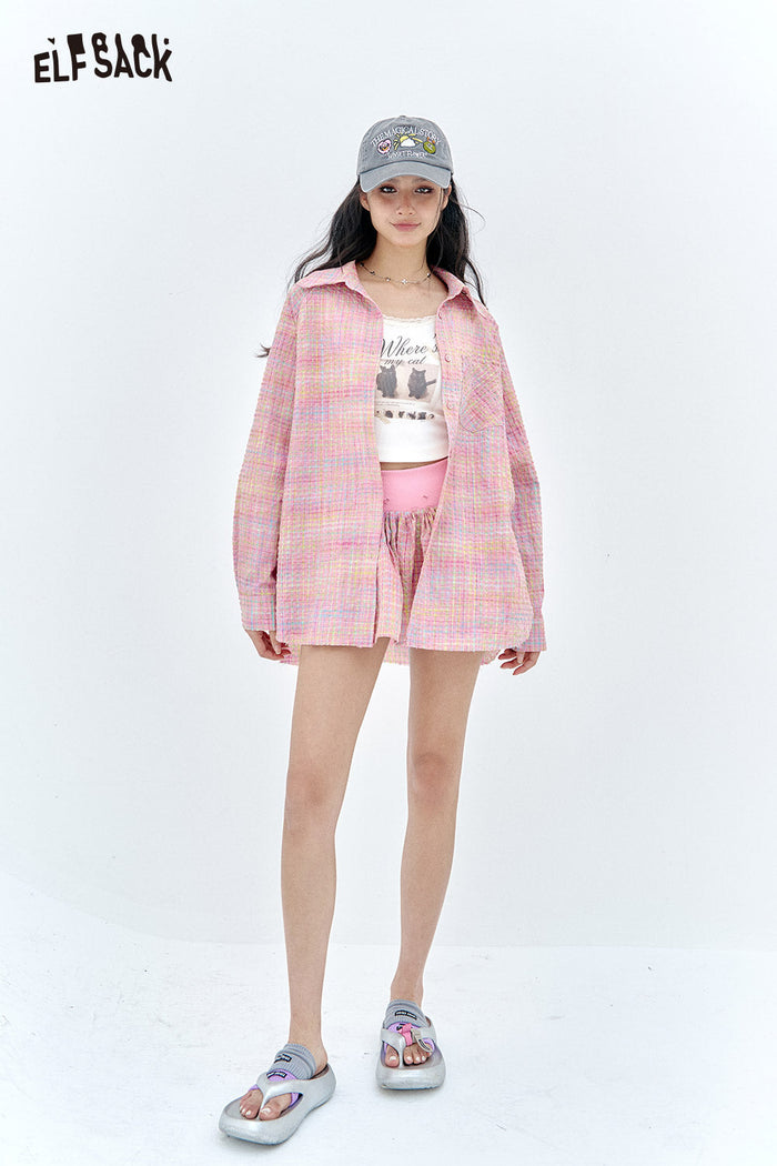 ELFSACK Dopamine plaid shirt skirt pants two-piece set