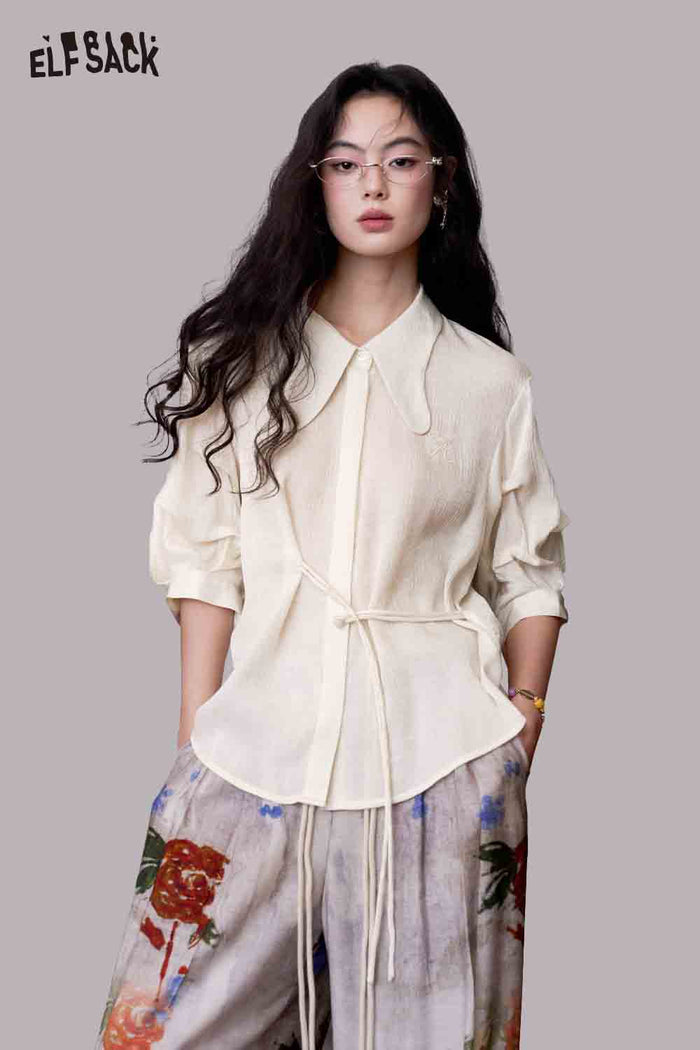 ELFSACK Drawstring Waist Embroidered Puff Sleeve Shirt