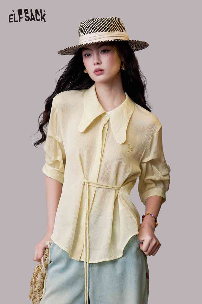 ELFSACK Drawstring Waist Embroidered Puff Sleeve Shirt