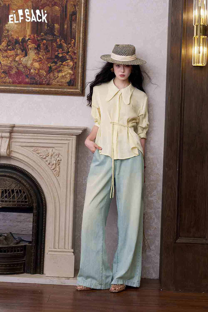 ELFSACK Drawstring Waist Embroidered Puff Sleeve Shirt