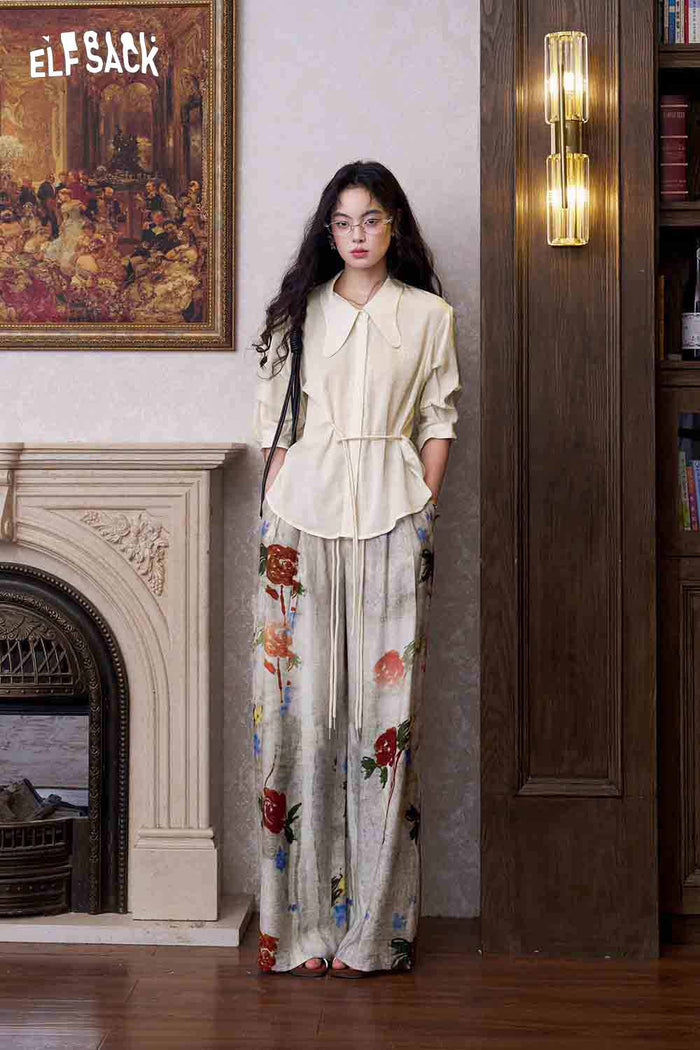 ELFSACK Drawstring Waist Embroidered Puff Sleeve Shirt