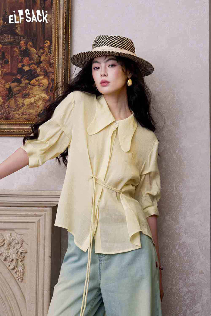 ELFSACK Drawstring Waist Embroidered Puff Sleeve Shirt