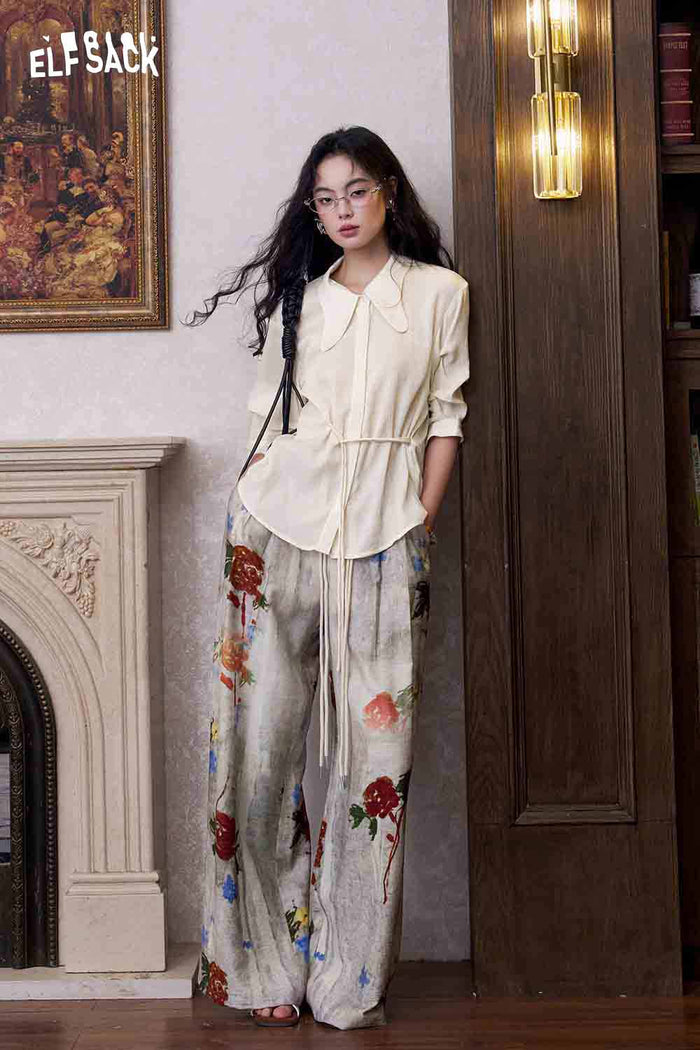 ELFSACK Drawstring Waist Embroidered Puff Sleeve Shirt