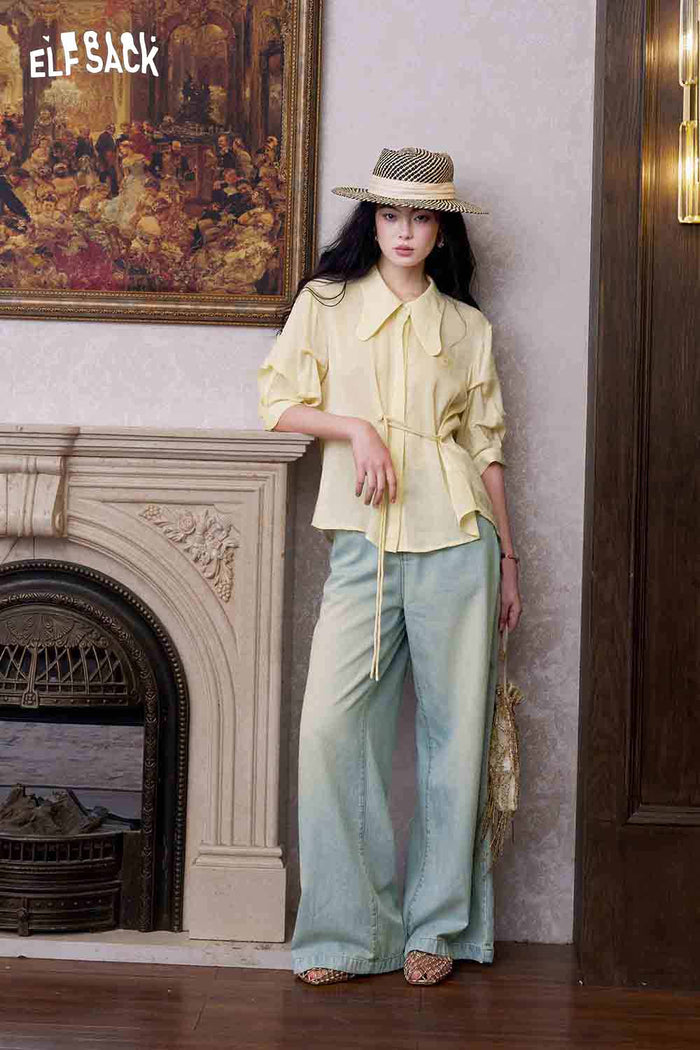 ELFSACK Drawstring Waist Embroidered Puff Sleeve Shirt