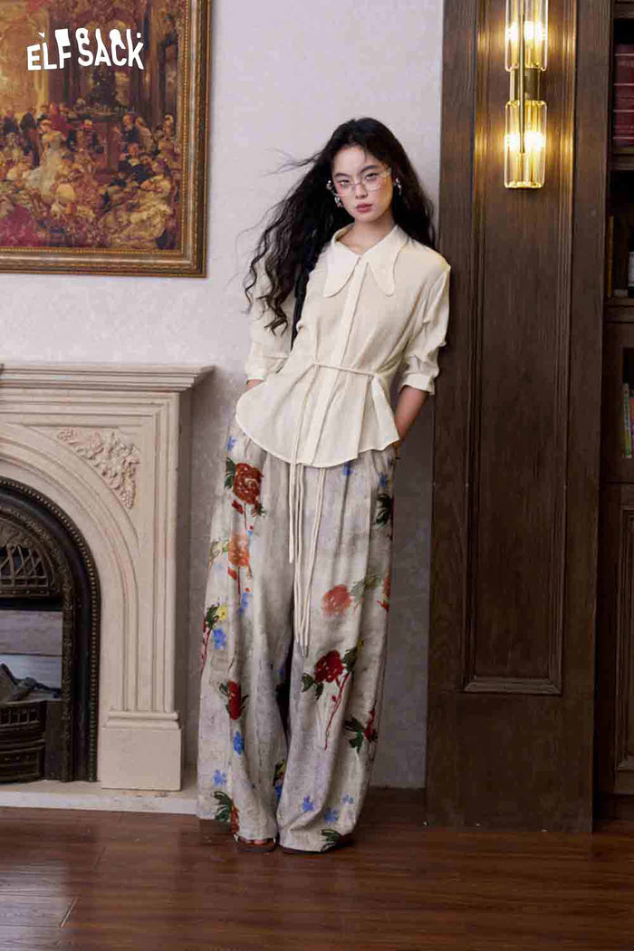 ELFSACK Drawstring Waist Embroidered Puff Sleeve Shirt